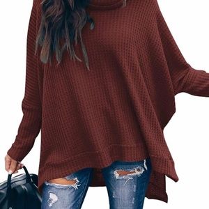 Turtleneck Batwing Sleeve High Low Hem Side Slit